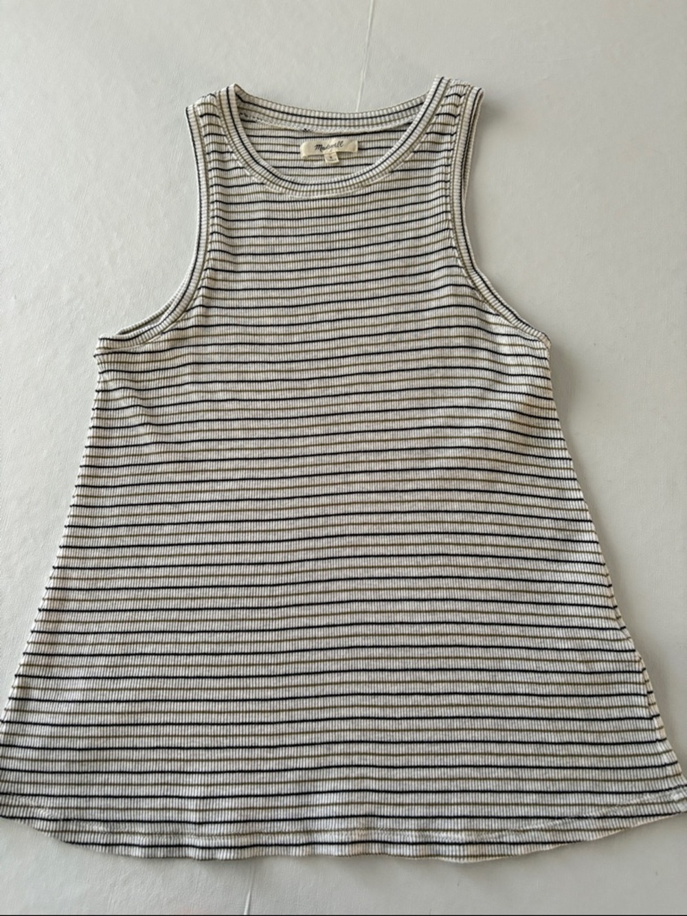 Madewell Striped Ribbed Tank Top - Black & Olive Green Striped